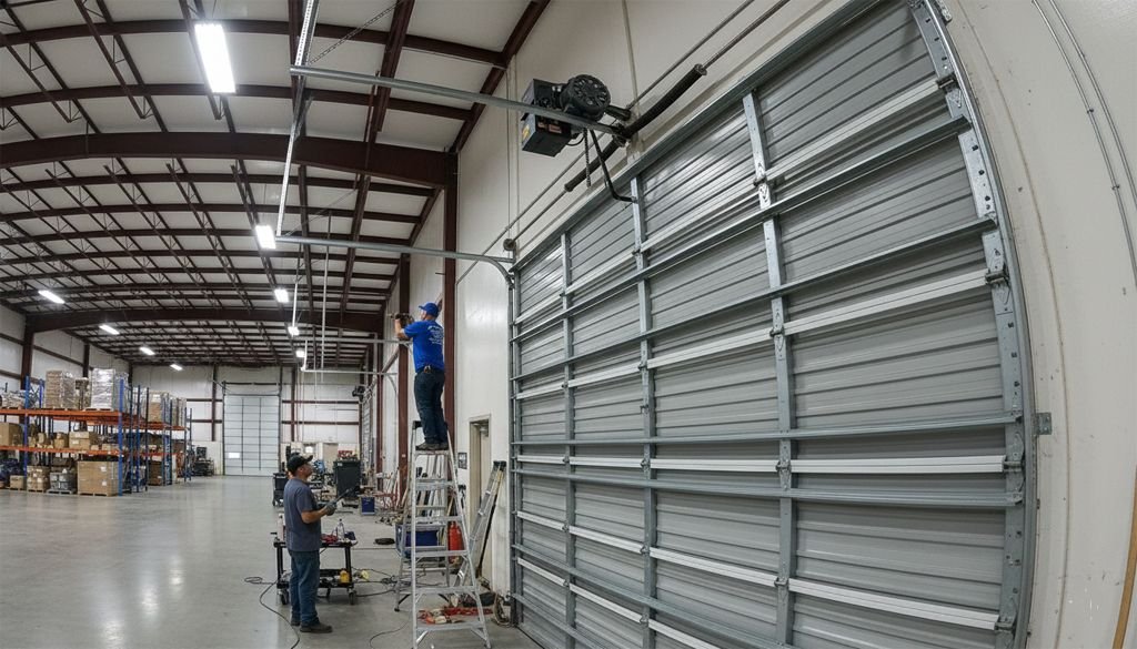 Technicians servicing a large commercial sectional door and operator in a warehouse