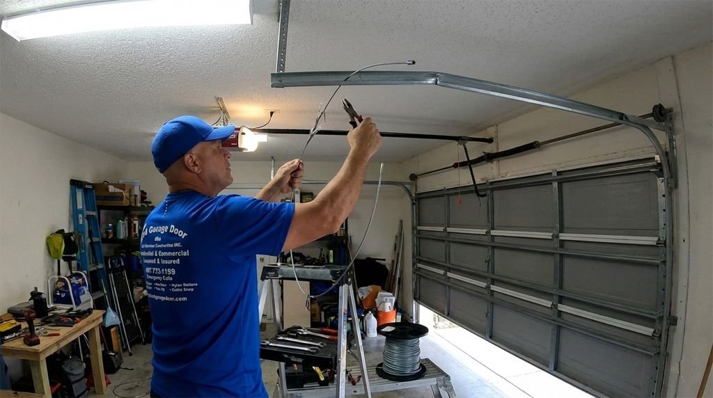 Bird Garage Door technician replacing a lift cable on a residential garage door