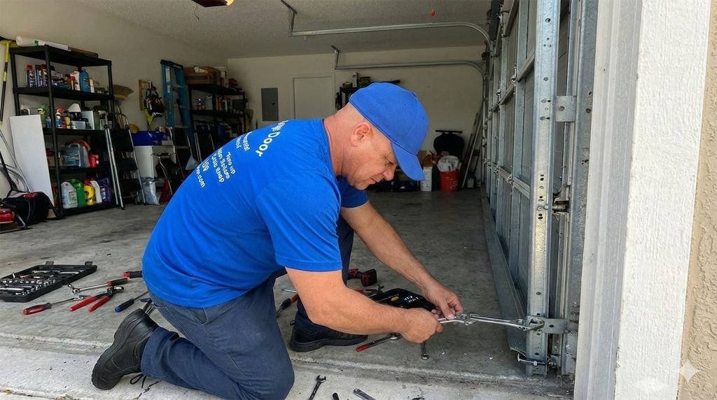 Technician kneeling to adjust the vertical track of a garage door