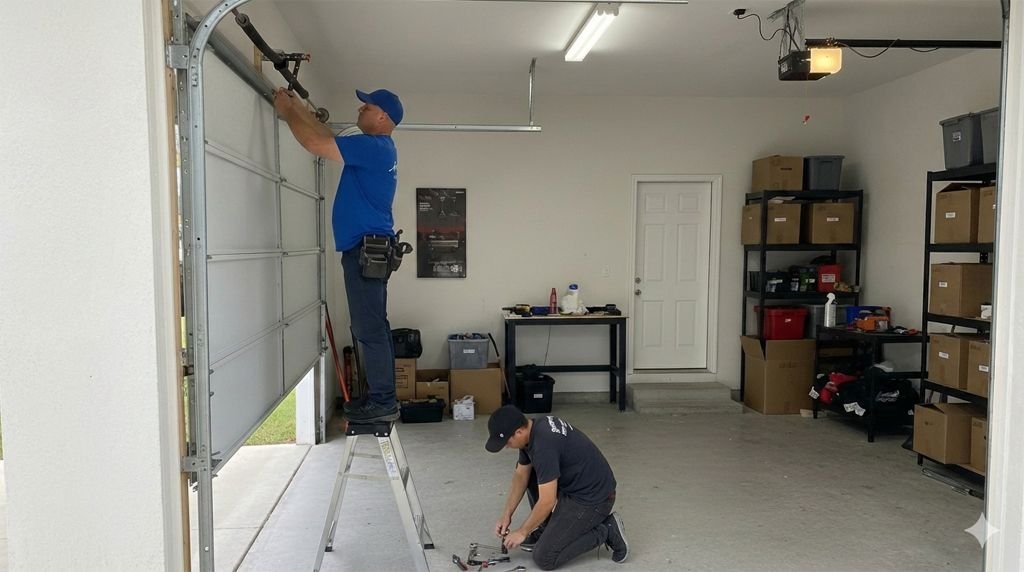 El dueño de Bird Garage Door y un técnico instalando un motor de puerta de garaje