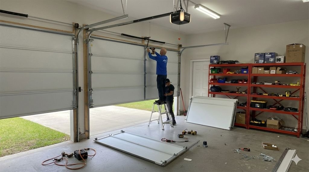 Bird Garage Door technicians replacing torsion springs above a sectional garage door